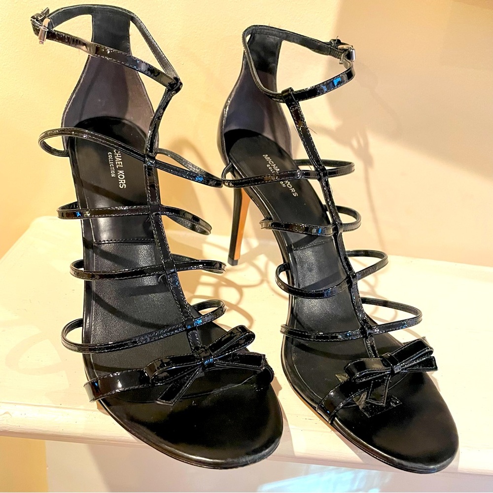 Black Patent 4 inch sandals. Size 40 (9.5-10)